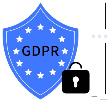 Siyah asma kilidin yanında GDPR etiketli mavi kalkan gizlilik korumasını simgeliyor. Uyum için ideal, veri güvenliği, gizlilik politikası, yönetmelik, siber güvenlik, hukuk farkındalığı, düz basit