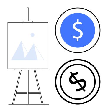 Sanat tuvali ve iki dolarlık madeni para grafikleri, yaratıcılık ve finans karışımı. Yaratıcılık, ekonomi, girişimcilik, pazarlama, strateji, yatırım tasarım kültürü için idealdir. Düz