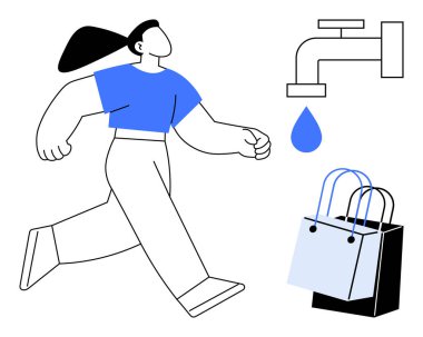 Bir kadın alışveriş torbası, musluk ve su damlasıyla enerjik bir şekilde yürüyor. Tüketim, kaynak yönetimi, sürdürülebilirlik, çevre bilinci, alışveriş, yaşam tarzı için ideal