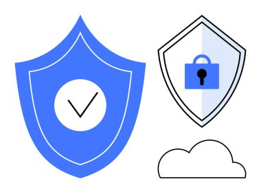 İşaretli mavi kalkan, kilitli kalkan ve bulut simgesi. Siber güvenlik, çevrimiçi gizlilik, veri koruması, bulut güvenliği, internet güvenlik ağı bilişim altyapısı için ideal. Soyut