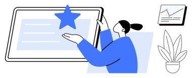 Tablet ekranda yıldız şeklini sunan şahıs, bir veri tablosu ve saksı bitkisiyle birlikte. Ticari başarı, sunum, veri analizi, büyüme, başarı, dijital öğrenme için ideal