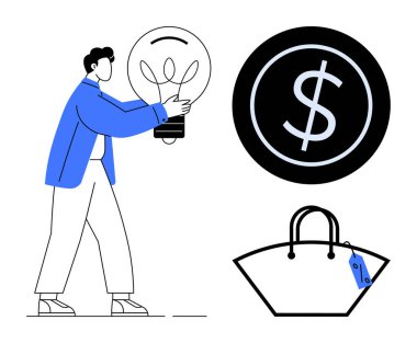 Ampul tutan adam, büyük dolar sembolü, minimalist alışveriş çantası. Yenilik, pazarlama, perakende, ekonomi, iş stratejisi, girişimcilik satış tanıtımı için idealdir.