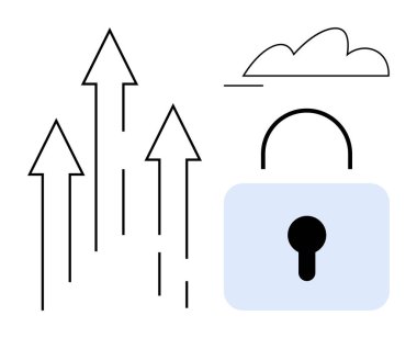 Asma kilit veri güvenliğini simgeler, bulut dijital hizmetleri yansıtır ve yukarı doğru oklar büyümeyi gösterir. Siber güvenlik, teknoloji, bulut hesaplama, ilerleme, yenilik, iş dünyası için ideal