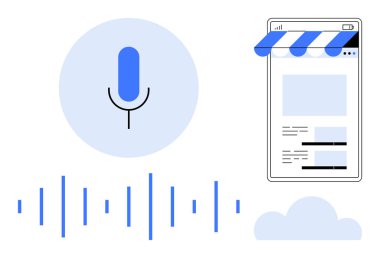 Mikrofon, ses dalgaları, akıllı telefon arayüzü ve bulut çizimi ses komuta teknolojisi ve akıllı entegrasyonu temsil ediyor. E-ticaret, yapay zeka, yenilik, bağlantı, mobil uygulamalar için ideal