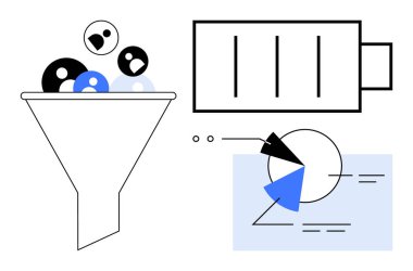 Kullanıcı simgelerini basitleştirilmiş şekillere filtreleme hunisi, verimliliği gösteren pil sembolü, geometrik elementli veri tablosu. Pazarlama, süreç optimizasyonu, analitik, takım çalışması için ideal
