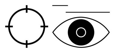 Basit çizgileri ve şekilleri olan soyut bir gözün yanında daire şeklinde bir hedef. Doğruluk, odaklanma, gözlem, dikkat, strateji, hedefler, minimalizm için idealdir. Düz basit metafor