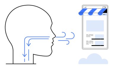 İnsan profili, vitrindeki elementlerle çevrimiçi bir mağaza grafiğinin yanında nefes alma sürecini gösteriyor. Sağlık, e-ticaret, dijital dönüşüm, fizyoloji, iletişim, yenilik için ideal