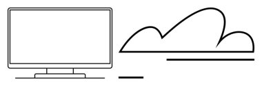 Minimalist bilgisayar monitörü soyut bulut şekline bağlandı. Teknoloji, bulut depolama, uzaktan erişim, dijital çözümler, yazılım, yenilik, veri yönetimi için ideal. Düz basit metafor