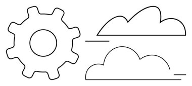 İnek ve iki parlak bulut anahatları otomasyonu, bulut hesaplamasını, verimliliği ve yeniliği sembolize eder. Teknoloji, otomasyon, iş akışı, yenilik, veri bağlantısı ve süreç temaları için ideal