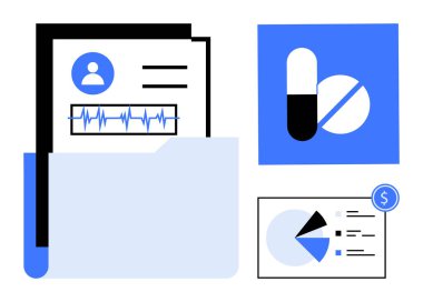Hasta kayıtları, ilaç görselleri, veri grafikleri ve finansal sembolleri olan klasör. Sağlık, analitik, ilaç, finans, kayıt teknolojisi için ideal basit bir metafor