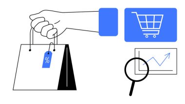 Etiketli el çantası, dijital araba ikonu ve lens ile büyütülmüş büyüme grafiği. Perakende, e-ticaret, analitik, müşteri yolculuğu, satış pazarlama stratejisi için idealdir. Düz basit