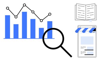 Çizgi çizelgesi olan çubuk grafik, analitik için büyüteç, açık kitap ve çevrimiçi varlık için web sayfası. Analiz, pazarlama, araştırma, eğitim e-ticaret stratejisi keşfi için ideal. Düz
