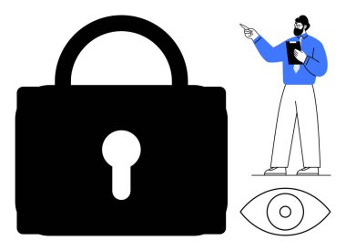 Büyük bir asma kilit, bir göz sembolü ve elinde bir pano olan profesyonel bir işaret. Gizlilik, güvenlik, gözetim, veri koruması, siber güvenlik farkındalık eğitimi için ideal. Düz basit metafor