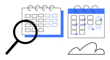 Büyüteç iki takvime odaklanıyor. Birinde altı çizili tarihler, altında soyut bulut var. Zamanlama, planlama, organizasyon, zaman yönetimi, üretkenlik, olaylar, veri içgörüsü için ideal