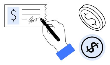 Çek imzalanması, döviz sembolleri ve ödeme, finans ve zenginliği resmeden bir sikke. Bankacılık, işlemler, muhasebe, zenginlik yönetimi ödeme yöntemleri için idealdir. Basit bir metafor.