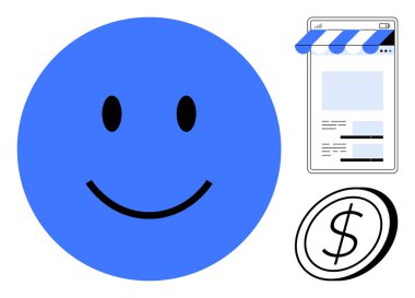 E-ticaret arayüzü ve dolar işaretinin yanındaki mutlu yüz. Çevrimiçi alışveriş, iş, müşteri memnuniyeti, satış, dijital pazarlama, e-ticaret, finansal başarı için ideal. Düz basit metafor