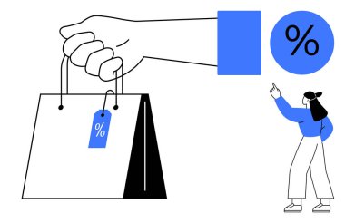 Bir el, dairesel satış ikonu ve bir müşteri tarafından gösterilen indirim etiketli alışveriş çantası. Perakende, alışveriş, promosyon, indirim, pazarlama özel teklifleri için ideal. Düz basit