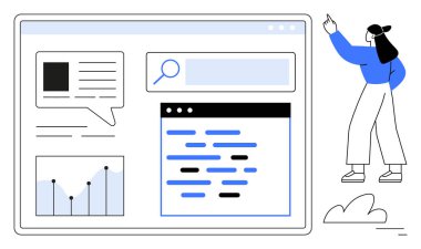 Kadın arama çubuğu, metin, grafik ve kod parçacıkları da dahil olmak üzere dev web sayfası düzeniyle etkileşimde. Analiz, geliştirme, araştırma, eğitim için ideal, çevrimiçi iş pazarlama dairesi