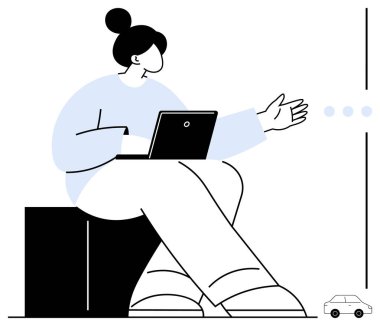 Dizüstü bilgisayarda çalışan bir kadın, bir eliyle hareket ya da bağlantı olduğunu ima eden ikonlara uzanıyor. Teknoloji, ulaşım, yenilik, iletişim, hareketlilik, uzaktan çalışma, kullanıcı için ideal