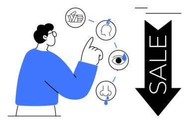 Satış konseptini değerlendirirken beyin, göz, burun gibi duyu simgelerini gösteren kişi. Pazarlama, tüketici psikolojisi, strateji planlaması, duyusal markalaşma, satış büyümesi, karar