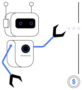 Robot para ve otomasyonla ilgili sanal kontrollere ulaşıyor. Teknoloji, yenilik, finans, yapay zeka, dijital araçlar, robotik ve verimlilik için ideal. Düz basit metafor