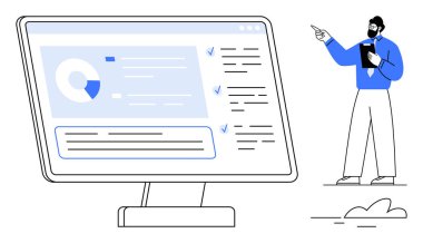 Turta grafiklerini, kontrol listelerini ve önemli noktaları açıklarken ekrandaki raporları analiz eden iş adamı. Sunum, veri yönetimi, takım çalışması, analiz, strateji iş akışı ve raporlar için ideal. Düz