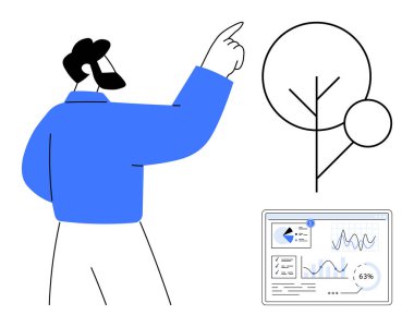 Soyut ağaç dizaynına ve dijital analitik panele bakan kişi. İş, analitik, büyüme, karar verme, strateji, yenilik, sürdürülebilirlik için ideal. Düz basit metafor