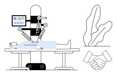 Ekran, tokalaşma ve bitkileri izleyen hastaya robotik kollar ameliyatı yapıyor. Sağlık hizmetlerinde yenilik, tıbbi robot bilimi, tıp alanında yapay zeka, hassasiyet teknolojisi, sağlık hizmetleri için ideal
