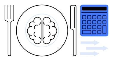 Çatal, bıçak, hesap makinesi ve oklarla dolu bir tabakta zihinsel enerjiyi, beslenmeyi ve karar vermeyi simgeleyen oklar. Sağlık, sağlık, verimlilik, farkındalık eğitimi planlama dairesi için ideal