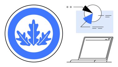 Mavi yaprak amblemi dairesel çerçeveye, soyut segmentli pasta grafiğine ve minimal dizüstü bilgisayara sarılı. Ekoloji, analiz, veri, teknoloji, çevre, iş ve minimal daire için ideal