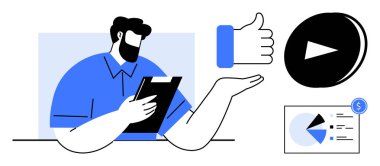 Elinde not panosu olan bir adam, baş parmak işareti, oyun düğmesi ve dolar işareti olan bir pasta tablosu. İçerik oluşturma, analitik, iş stratejisi, pazarlama, karar verme sosyal medya dairesi için ideal