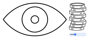 Bozuk para yığınının yanındaki göz sembolü, mali takibi, gözetlemeyi ya da ayarlanabilir denetimli bütçe düzenlemesini vurguluyor. Finans, vizyon, analitik, veri içgörüsü, güvenlik tasarruf stratejisi için ideal. Düz