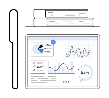 Tablet, üzerinde grafikler, çizelgeler, veri kalemi ve kitaplar olan analitik paneli gösteriyor. Analiz, araştırma, finans, öğrenme, eğitim teknolojisi verimliliği için idealdir. Düz basit
