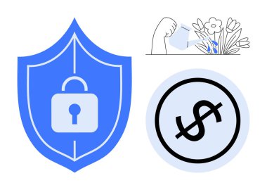 Kilitli kalkan güvenliği simgeler, çiçekleri elle sulamak büyümeyi ve yetiştirmeyi, dolar ekonomik değeri. Finans, yatırım, güvenlik, büyüme, ekonomi güven gelişimi için idealdir. Düz basit