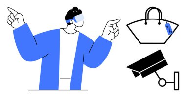 VR kulaklık takan kişi, üzerinde fiyat etiketi olan el çantası, güvenlik kamerası. Teknoloji, sanal alışveriş, perakende satış, siber güvenlik, yenilik, dijital etkileşim e-ticaret için ideal