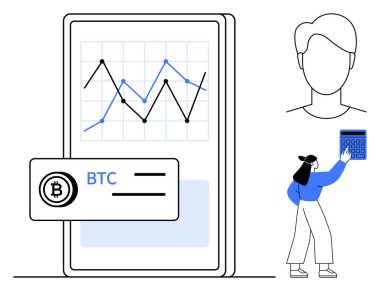 Akıllı telefon ekranında yükselen grafik BTC istatistikleri, kadın kullanıcı hesaplama verileri, soyut yüz hatları. Kripto ticareti, finans, yatırım, büyüme, istatistikler, fintech düz metafor için ideal