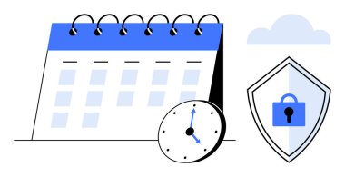 Spiral takvim, saat 3 'ü gösteriyor, kalkanda kilit simgesi, bulutun üstünde. Zaman yönetimi, veri koruması, programlama, siber güvenlik, bulut güvenliği verimlilik organizasyonu için ideal