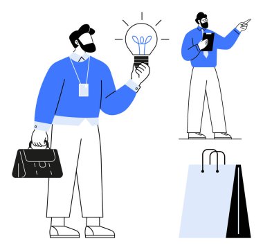 Elinde parlak bir ampul tutan bir iş adamı evrak çantasıyla ayakta duruyor. Çerçevenin ortasında başka bir konu gösterilirken, aşağıda bir alışveriş çantası beliriyor. Yaratıcılık, yenilik, iş, liderlik için ideal