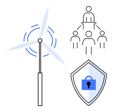 Rüzgar türbini, lider konuşma ekibiyle iş hiyerarşisi ve asma kilitle kalkan. Sürdürülebilirlik, liderlik, takım çalışması, güvenlik, enerji, temiz teknoloji ve kurumsal yönetim için ideal