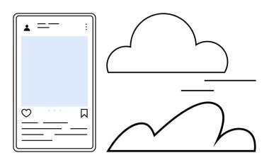 Minimalist bulut çizimlerinin yanında sosyal medya ile akıllı telefon arayüzü. Sosyal medya, veri depolama, bağlantı, çevrimiçi etkileşim, ağ oluşturma, bulut teknolojisi ve basitlik için ideal