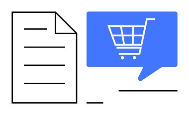 Alışveriş arabası sembollü belge simgesi ve mavi konuşma balonu çevrimiçi alışveriş, e-ticaret, işlem, dijital makbuz, çevrimiçi alışveriş, sipariş onayı, satın alma öneriyor. İdeal