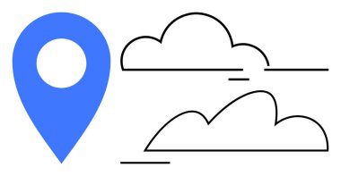 Basit doğrusal bulutların yanında mavi konum iğnesi, yolculuğu, seyrüsefer, küresel bağlantı, açık hava erişimi, çevre, planlama ve keşfi simgeliyor. Teknoloji seyahati ve planlama için ideal