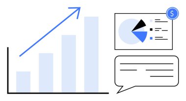 Yukarı doğru ok ile çubuk grafik, finansal simge ile pasta grafiği, ve iletişim için metin balonu. Finans, iş büyümesi, analitik, strateji, yatırım raporlama veri görselleştirme için idealdir. Düz