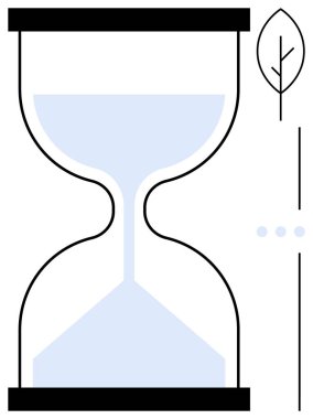 Minimalist ağaç yaprağının yanında kum akan kum saati. Sürdürülebilirlik, zaman yönetimi, çevre bilinci, minimalizm, sabır, büyüme, ekolojik kavramlar için idealdir. Düz basit metafor
