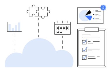 Bulut ögesi bulmaca parçaları, çizelgeler, takvim ve görev kontrol listesine bağlanır. Bulut hesaplama, görev organizasyonu, mali planlama, veri paylaşımı, takım çalışması iş akışı yönetim dairesi için ideal