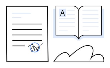 Kalemle imzalanmış belge, metin ile açık kitap ve bulut sembolü. Eğitim, hukuk hizmetleri, sözleşmeler, yayıncılık, bulut depolama, fikri mülkiyet dairesi için ideal basit bir metafor
