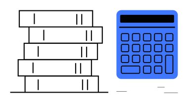 Eğitim, öğrenme, finans ve problem çözme temalarını yansıtan mavi bir hesap makinesinin yanında yığınla kitap. Eğitim, muhasebe, bütçe, organizasyon, hazırlık sınavları için ideal