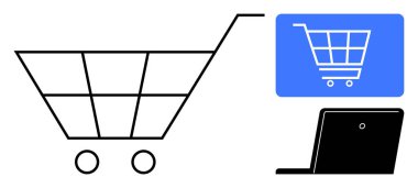 Alışveriş arabası simgesi dizüstü bilgisayarın yanında. Mavi ekranda dijital el arabası var. E-ticaret, çevrimiçi alışveriş, perakende, teknoloji, iş, ticaret, minimalist kavramlar, düz basit metafor