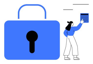 Büyük mavi asma kilit ve hesap makinesi kullanan kadın, mali ve veri gizliliğini korumayı ön plana çıkarıyor. Güvenlik, koruma, mali planlama, mahremiyet, şifreleme, teknoloji, risk yönetimi için ideal