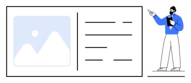 Resim ve metin bilgilerini gösteren bir ekran ile profesyonel iletim sunumu. Eğitim, eğitim, strateji, iş, analiz, öğrenme için ideal, düz basit metafor